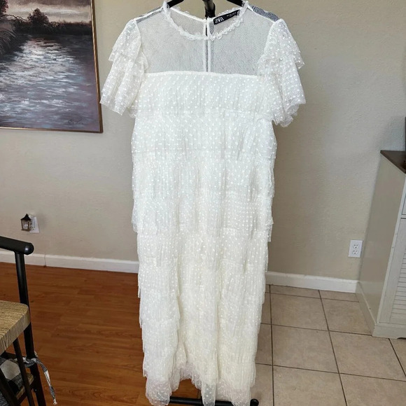 Zara ruffled tulle dress midi size sheer cream‎ polka dot S - Picture 3 of 12
